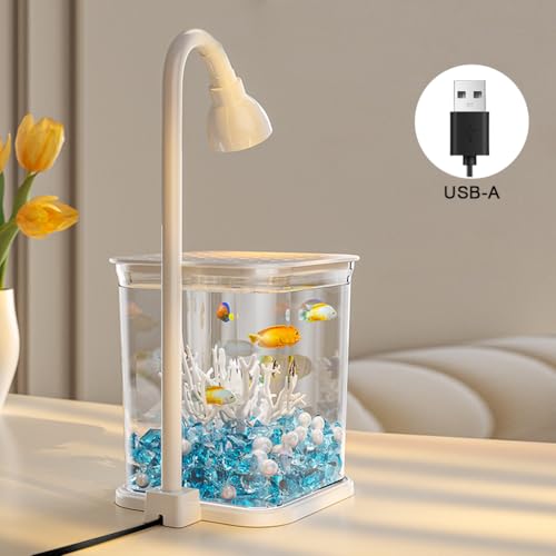 Qpets® Betta Fish Tank, Ventilated Roofed Clear Small Fish Tank with LED Light, Romantic Blue Pebble Faux Pearl Coral Ornaments Qpets® Betta Fish Tank, Ventilated Roofed Clear Small Fish Tank with LED Light, Romantic Blue Pebble Faux Pearl Coral Ornaments